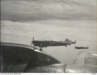 BISMARCK ARCHIPELAGO. 1944-03-28. AIRCRAFT, CODE NAMED UP-T, UP-S, UP-C AND UP-W, OF NO. 79 (SPITFIRE) SQUADRON RAAF, IN FLIGHT OVER NEW BRITAIN EN ROUTE FROM KIRIWINA TO THE ADMIRALTY ISLANDS. ..