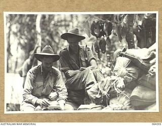 MOUNT PROTHERO AREA, NEW GUINEA. 1944-01-19/20. QX17703 CAPTAIN W.B. MCFARLANE (1) AND SERGEANT MCKENZIE (2) OF THE 2/12TH INFANTRY BATTALION SORTING THE MAIL BEFORE THE UNIT WENT INTO ACTION AT ..