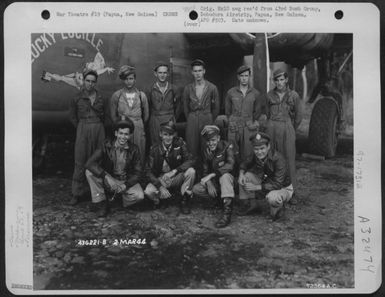 Captain Miller and crew of the 65th Bomb Squadron, 43rd Bomb Group, pose beside the Consolidated B-24 "Lucky Lucille" at Dobodura Airstrip, Papua, New Guinea. 2 March 1944. (U.S. Air Force Number 72364AC)