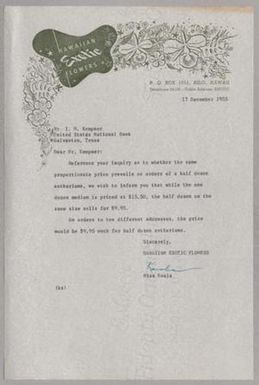 [Letter from Hawaiian Exotic Flowers to I. H. Kempner, December 17, 1955]