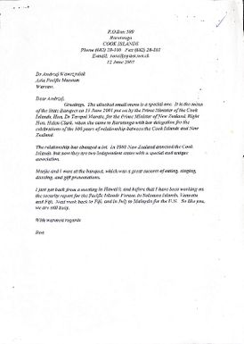 Ron Crocombe letter to Dr Andrzej Wawrzyniak, Asia Pacific Museum, Warsaw, 12 June, 2001, with attached menu for state banquet, 11th June, 2001 put on by Cook Islands Prime Minister Dr Terepai Maoate for New Zealand Prime Minister Helen Clark in Rarotonga for the celebrations of the 100 years of relationship between the Cook Islands and new Zealand.