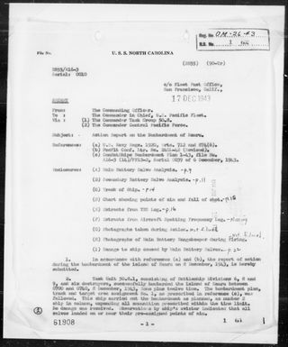 NORTH CAROLINA - Act Rep, 12/8/43, Bombardment of Nauru Island