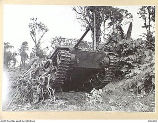 TOROKINA AREA, BOUGAINVILLE, 1945-08-07. AN M24 GENERAL CHAFFEE LIGHT TANK NEGOTIATING A TWO FOOT SIX INCH FALLEN TREE DURING TRIALS CONDUCTED FOR THE WAR OFFICE