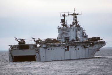 CH-53E Super Stallion helicopters prepare for flight operations from the deck of the amphibious assault ship USS SAIPAN (LHA 2) during NATO Exercise NORTHERN WEDDING 86