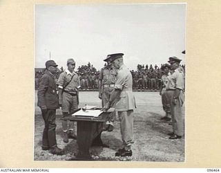 CAPE WOM, NEW GUINEA, 1945-09-13. LIEUTENANT-GENERAL H. ADACHI, COMMANDER 18 JAPANESE ARMY IN NEW GUINEA, FORMALLY SURRENDERED TO MAJOR-GENERAL H.C.H. ROBERTSON, GENERAL OFFICER COMMANDING 6 ..