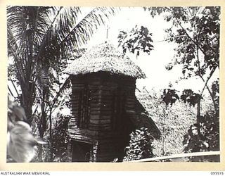 WUNUNG PLANTATION, JACQUINOT BAY, NEW BRITAIN, 1945-08-24. THE ALL-SERVICE CHAPEL AT 105 CASUALTY CLEARING STATION. DESIGNED AND BUILT BY MEMBERS OF 55 FIELD PARK COMPANY ROYAL AUSTRALIAN ..