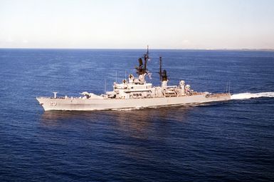 An aerial port bow view of the guided missile cruiser USS HALSEY (CG 23) underway near Hawaii