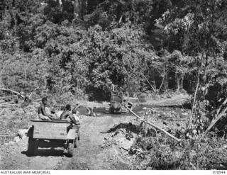RAKAN, NEW BRITAIN. 1945-02-07. A BULLDOZER OF THE 13TH FIELD COMPANY BEING USED TO COMPACT A SOLID ROAD BASE OVER A CREEK NEAR THE VILLAGE