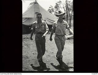 NADZAB, NEW GUINEA. C. 1944-02. FLYING OFFICER L. STEVENS, RICHMOND, QLD (RIGHT), THE PILOT OF A VULTEE VENGEANCE DIVE BOMBER AIRCRAFT OF NO. 24 SQUADRON RAAF WHICH MADE A FORCED LANDING IN THE ..