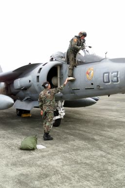Right side front view medium shot as US Marine Lieutenant Colonel John Davis (Commander VMA 223) climbs down from his AV-8B Harrier with the assistance of Technical Sergeant Jeff McCoy of the 65th Operational Support Squadron at Lajes Field, Azores, Portugal. The Marines from VMA 223, from Ewa Oahu, Hawaii was transitioning Lajes enroute to Greece