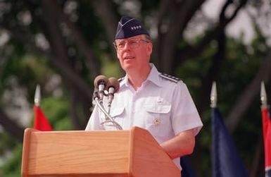 A front view of United States Air Force Vice CHIEF of STAFF, GEN. Thomas S. Mormon Jr., as he speaks to attendees at the Pacific Air Forces Change of Command ceremony