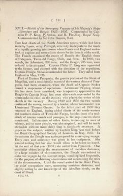 Sketch of the surveying voyages of His Majesty's ships Adventure and Beagle, 1825-1836 : commanded by Captain P.P. King, P. Stokes, and R. Fitz-Roy, Royal Navy / communicated by Sir John Barrow.