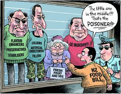 A great cartoon- scathing on the proposed NZ 'Food Bill'. Pensioner or poisoner ? Codex Alimentarius or National party Nanny state?