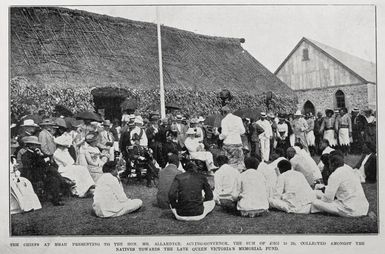 The chiefs at Mbau, Fiji presenting to the Honourable Mr Allardyce, Acting Governor, the sum of £1603 collected towards the late Queen Victoria's memorial fund