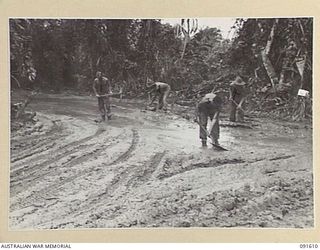 KARAWOP, NEW GUINEA. 1945-05-05. SAPPERS OF 2/1 FIELD COMPANY, ROYAL AUSTRALIAN ENGINEERS, AT WORK IN ANKLE DEEP MUD DURING THE CONSTRUCTION OF A CULVERT. IDENTIFIED PERSONNEL ARE:- SAPPER J.A. ..