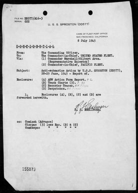 USS SPROSTON - Report of A/S action while enroute from Saipan Island, Marianas to Eniwetok, Marshall Islands, 6/28-29/45