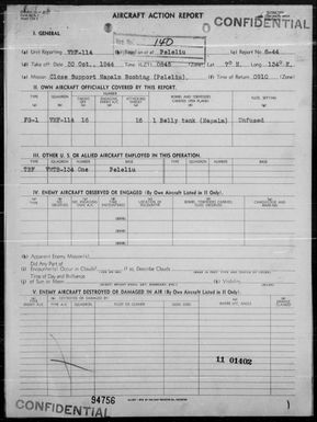 VMF-114 - ACA Form Reps Nos 6-44 to 11-44 & 1001-44 Rep of Bombing Peleliu Is, Palau Is & Yap Is, Carolines , 10/13/44-11/2/44