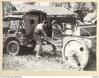 BOUGAINVILLE, 1945-07-16. L-CPL M.W. BRADDOCK (1) AND CRAFTSMAN C.G. THOMAS (2), MEMBERS OF 312 LIGHT AID DETACHMENT, ATTACHED 29 INFANTRY BRIGADE HOOKING JAPANESE AMMUNITION LIMBERS, WHICH THE ..