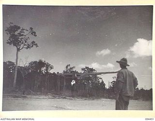 SOUTH BOUGAINVILLE. 1945-07-24. AN RAAF AUSTER AIRCRAFT TAKING OFF FROM THE AUSTER AIRSTRIP AT MOBIAI RIVER, WHICH WAS CONSTRUCTED BY THE ROYAL AUSTRALIAN ENGINEERS. AIRCRAFT ARE OPERATED IN ..