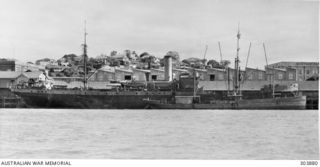 BRISBANE, QLD. 1942-06-03. STARBOARD SIDE VIEW OF THE DUTCH CARGO VESSEL S.JACOB WHICH WAS INVOLVED IN THE MILNE BAY OPERATIONS IN 1942-09 AND IN OPERATION LILLIPUT IN NEW GUINEA BETWEEN 1942-12 ..