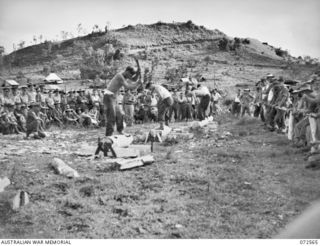 PORT MORESBY, NEW GUINEA. 1944-04-23. THE WOOD CHOPPING CONTEST IN PROGRESS DURING THE 2/101ST GENERAL TRANSPORT COMPANY SPORTS MEETING AT 9 MILE. THE 9 MILE QUARRY HILL FILLS THE BACKGROUND. ..