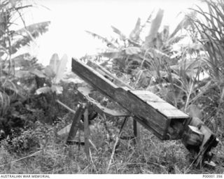 NEW BRITAIN, 1945-09. A DUMMY JAPANESE GUN IN A BANANA PLANTATION ON THE GAZELLE PENINSULA. (RNZAF OFFICIAL PHOTOGRAPH.)