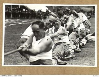 DONADABU, PAPUA, NEW GUINEA. 1944-01-01. THE 57/60TH INFANTRY BATTALION TUG-OF-WAR TEAM IN ACTION AT THE 15TH INFANTRY BRIGADE GYMKHANA. IDENTIFIED PERSONNEL ARE: CORPORAL A. M. JENKINS (1); ..