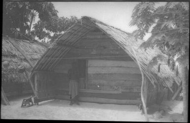 House with man standing inside : Carteret Islands, Papua New Guinea, 1960 / Terence and Margaret Spencer