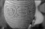 Detail, unfired pot, incised decoration