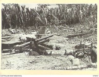 MOTUPINA POINT AREA, BOUGAINVILLE ISLAND. 1945-01-20. A GUN POSITION OF THE 2ND FIELD REGIMENT, SHOWING THE TYPE OF PIT USED IN THIS AREA. NOTE THE CLOSE PROXIMITY OF THE JUNGLE, IN THIS INSTANCE ..