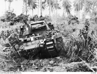 NEW GUINEA. 9 NOVEMBER 1943. MATILDA TANKS HAVE BEEN USED WITH GREAT SUCCESS AGAINST JAPANESE IN THE FINSCHHAFEN AREA. THIS TANK, CLINCHER, IS NOW PLOUGHING ITS WAY THROUGH HEAVY COUNTRY DURING THE ..