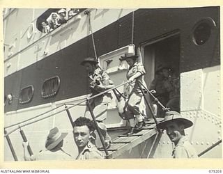 LAE, NEW GUINEA. 1944-08-14. SISTERS FROM THE 128TH GENERAL HOSPITAL, PORT MORESBY, DISEMBARKING FROM THE 2/1ST HOSPITAL SHIP MANUNDA. SEEN ARE:- NFX138818 SISTER H. GORMAN (4); NFX138798 SISTER ..