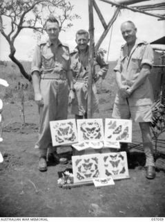 DONADABU, NEW GUINEA. 1943-09-18. VX26893 CAPTAIN (CAPT) T. S. BURGESS, ADJUTANT, NEW GUINEA LEAVE CAMP, PROUDLY DISPLAYS HIS BUTTERFLY COLLECTION TO SX27936 CAPTAIN H. V. CLARKE, OFFICER ..