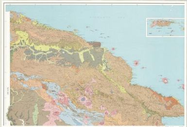 Geomorphology of Papua New Guinea / by E. Löffler ; cartography by M.J. Woodward ; base map produced by Laurie and Montgomerie, Consulting Engineers, 1968 ; drainage modified in places by the Division of Land Use Research from uncontrolled aerial photography and side-looking airborne radar imagery ; bathymetry from the Bureau of Mineral Resources, Division of National Mapping and the Scripps Institution of Oceanography, University of California