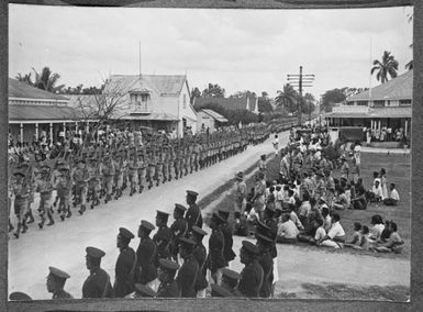 Troops on parade in Tonga during the 25th anniversary of the accession of Queen Salote to the throne