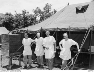 RABAUL, NEW BRITAIN, 1945-10-08. THE STAFF OF THE DENTAL SECTION, 105 CASUALTY CLEARING STATION. IDENTIFIED PERSONNEL ARE:- CPL F. JAMES (1); STAFF SERGEANT C.H. FERRIS (2); CAPT W.J. STONEY (3); ..