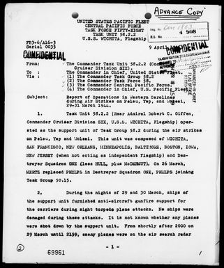 COMTASK-UNIT 58.2.2 - Act Rep, Rep of AA Act, Nights 3/29 & 30/44, During Carrier Based Air Strikes on Palau, Yap & Woleai Is