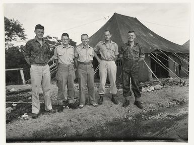 Intelligence staff from 2nd New Zealand Expeditionary Force (in the Pacific), on Nissan Island, New Guinea, during World War II