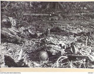 BOUGAINVILLE. 1945-04-05. DEAD JAPANESE SOLDIERS SCATTERED OVER THE AREA AFTER THE ATTACK AGAINST 25 INFANTRY BATTALION TROOPS ON SLATER'S KNOLL. MOPPING UP OF THE ENEMY BY HQ COMPANY, BATTALION ..