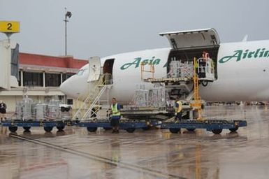 The third flight of transformers is offloaded by Commonwealth of the Northern Mariana Islands airport employees. These transformers are being delivered from Kansas to aid in the efforts to restore long-term power to Saipan after Typhoon Soudelor caused serious damage back in August, 2015. A total of 486 transformers will be delivered to Saipan by the end of the month.