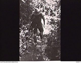 BULLDOG-WAU ROAD, NEW GUINEA, 1943-07-14. SOLDIER SPLASHING THROUGH THE SLUSHY SECTION OF THE SURVEYED ROAD BETWEEN THE 21 1/2 AND 23 MILE POINTS