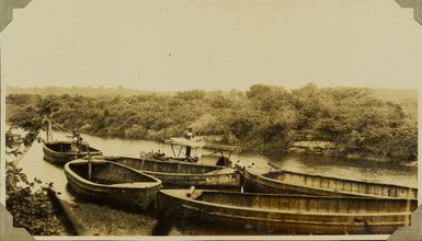 Sugar cane barges on the Rewa River?, Fiji, 1928