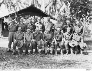 SIAR, NEW GUINEA. 1944-06-27. OFFICERS OF HEADQUARTERS, 15TH INFANTRY BRIGADE. IDENTIFIED PERSONNEL ARE:- VX112187 CAPTAIN L.J. BRENCHLEY (1); VX124327 CAPTAIN J.R. CLEARY (2); VX104157 CAPTAIN ..