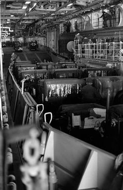 Jeeps loaded aboard a landing craft (LCU) that is housed in the well deck of the amphibious assault ship USS SAIPAN (LHA-2) during the 36th Marine Amphibious Unit exercise