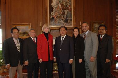 Marshall Islands delegation, including Minister of Foreign Affairs Gerald Zackios, second from left, and President Kessai Note, fourth from left, visiting Department of Interior headquarters for discussions with Secretary Gale Norton, third from left, on U.S. programs related to long-range impact of mid-20th Century nuclear testing in Marshall Islands vicinity