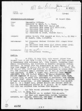 USS NEW ORLEANS - Report of Fire Support Missions Against Guam Island, Marianas, During the Period 7/25/44 to 8/10/44