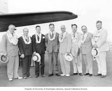 U.S. Congressional delegation, including Congressman Henry M. Jackson, at an airbase on a tour of Pacific naval bases, Hawaii, July 13, 1945