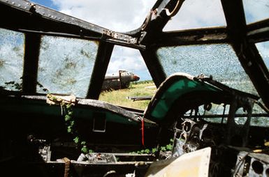 The cockpit of a dismantled B-52D Stratofortress bomber aircraft, one of three to be scrapped in accordance with the SALT II Treaty between the United States and the Soviet Union