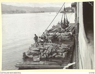 1943-05-07. NEW GUINEA. MILNE BAY. AN ALLIED VESSEL WAS HIT DURING THE 1943-04-14, JAPANESE RAID ON MILNE BAY. PICTURE SHOWS FROZEN MEAT BEING SALVAGED FROM THE DAMAGED VESSEL. (NEGATIVE BY N. ..