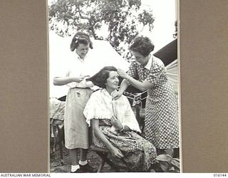NEW GUINEA. 1943-11-17. MEMBER OF THE AUSTRALIAN ARMY MEDICAL WOMEN'S SERVICE (AAMWS). HAIRDRESSERS SALOON DE LUXE AT THE AUSTRALIAN FIELD HOSPITAL. PRIVATE (PTE) N. PERRY OF PERTH, WA, PTE M. ..